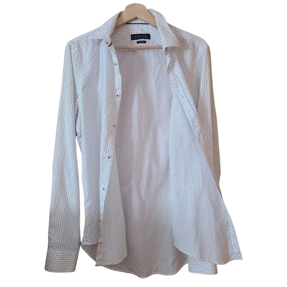 Zara Man long-sleeved white  blue bug slim fit buttoned up shirt - Picture 6 of 14